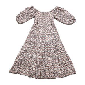 Torrid Size 00 Smocked ¾ Sleeve Off-Shoulder Midi Dress Geometric Floral Lined